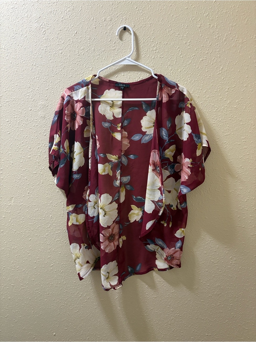 Floral Open-Front Kimono Top - Burgundy